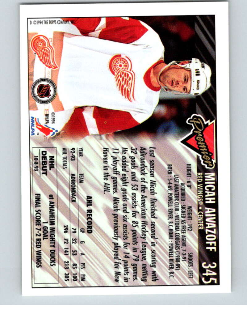 1993-94 Topps Premier Gold #345 Micah Aivazoff  RC Rookie Red Wings  V65248 Image 2