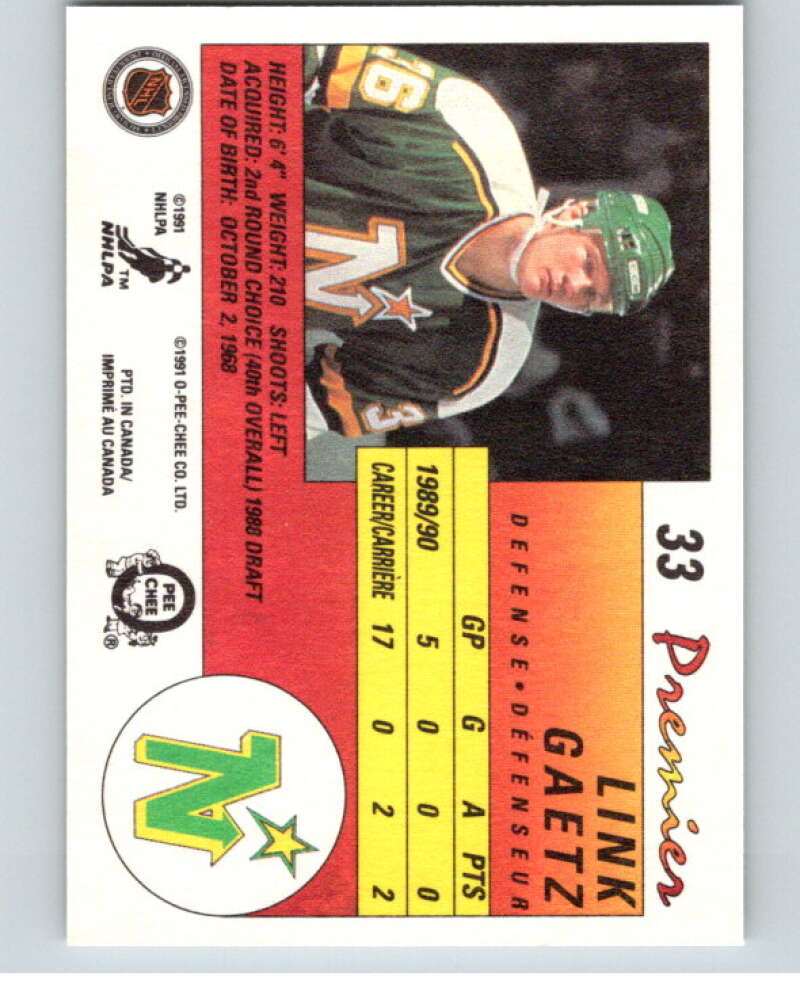1990-91 OPC Premier #33 Link Gaetz  RC Rookie North Stars  V65324 Image 2