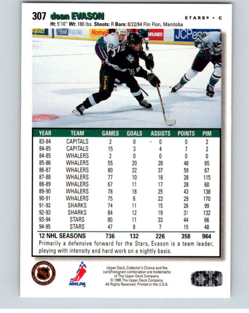 1995-96 Collector's Choice Player's Club #307 Dean Evason   V65583 Image 2