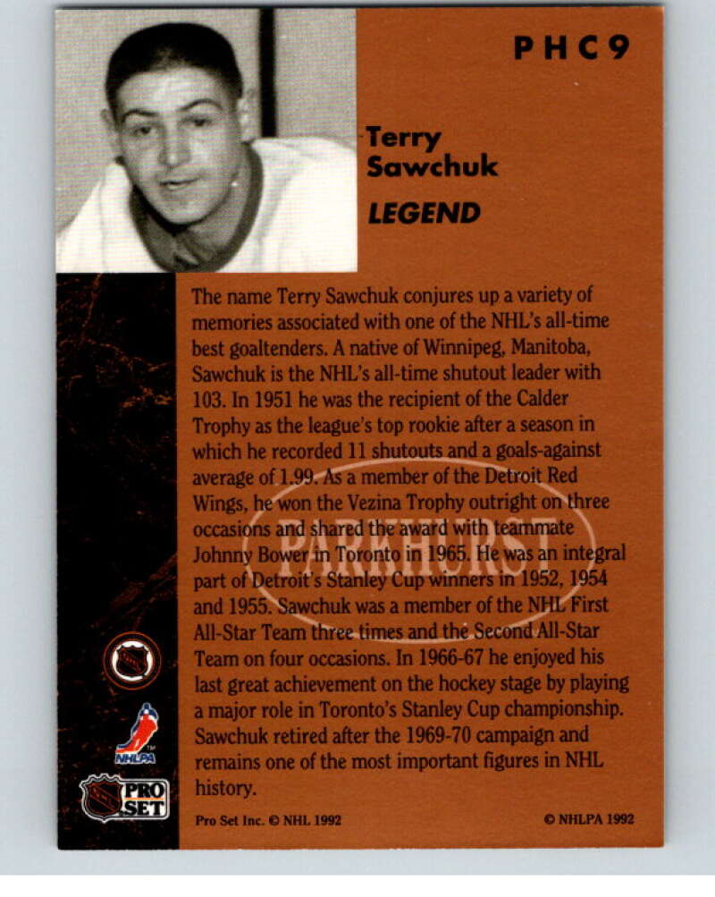 1991-92 Parkhurst PHC #PHC9 Terry Sawchuk  Detroit Red Wings  V65656 Image 2