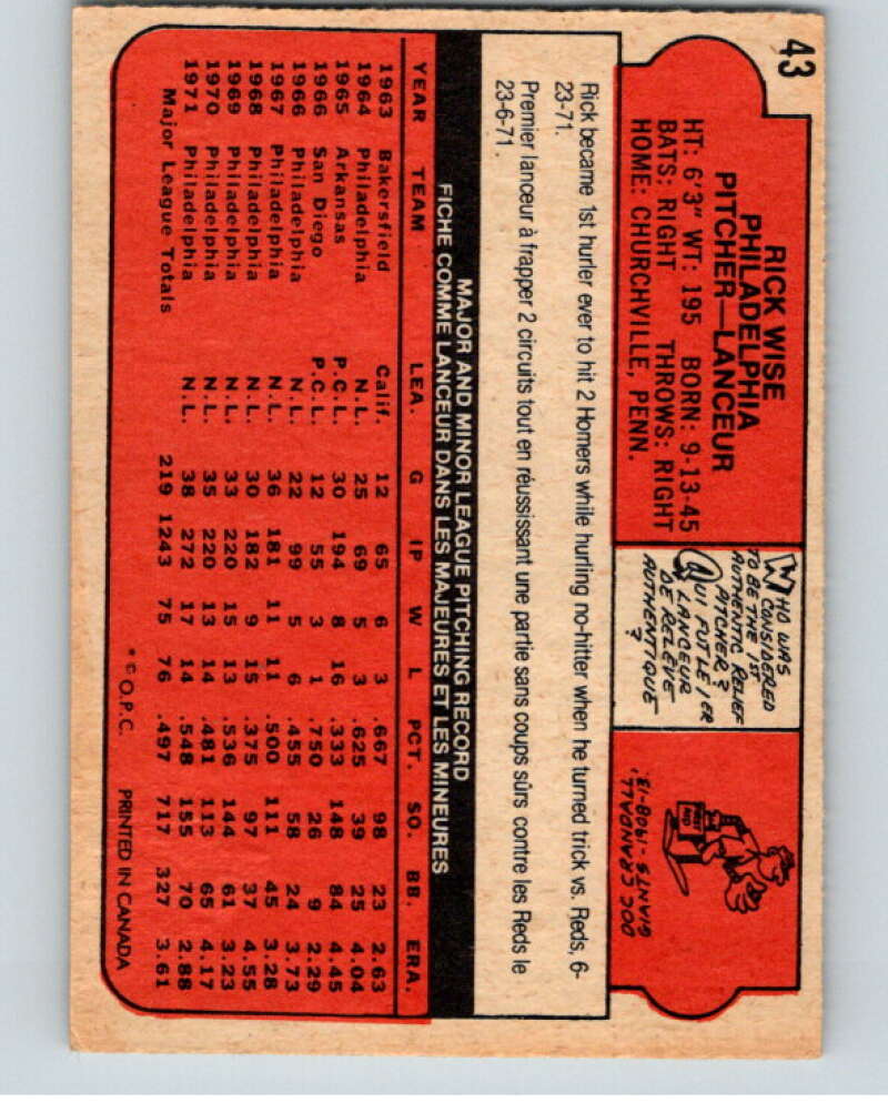 1972 O-Pee-Chee Baseball #43 Rick Wise  Philadelphia Phillies  V66087 Image 2