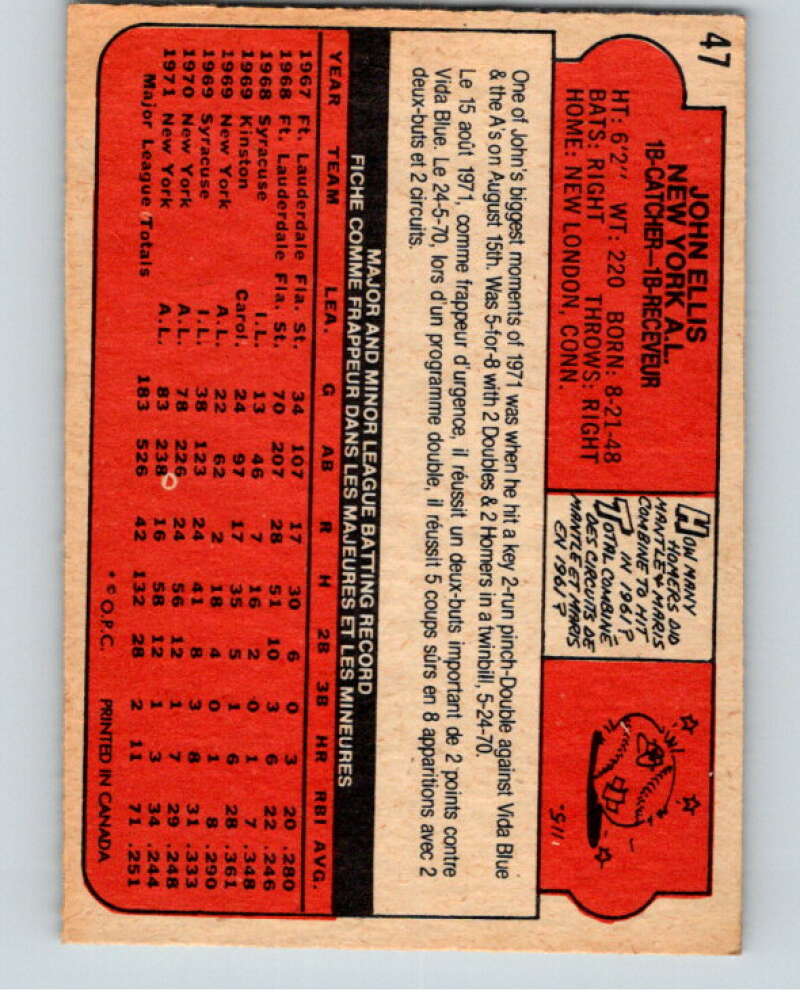 1972 O-Pee-Chee Baseball #47 John Ellis  New York Yankees  V66092 Image 2