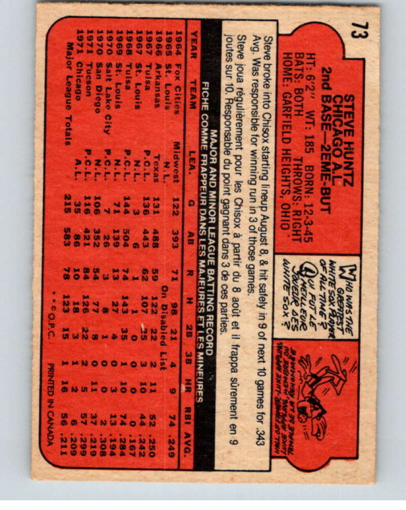 1972 O-Pee-Chee Baseball #73 Steve Huntz  Chicago White Sox  V66122 Image 2