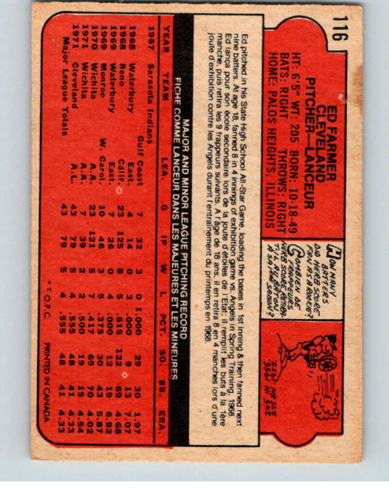 1972 O-Pee-Chee Baseball #116 Ed Farmer  Cleveland Indians  V66178 Image 2