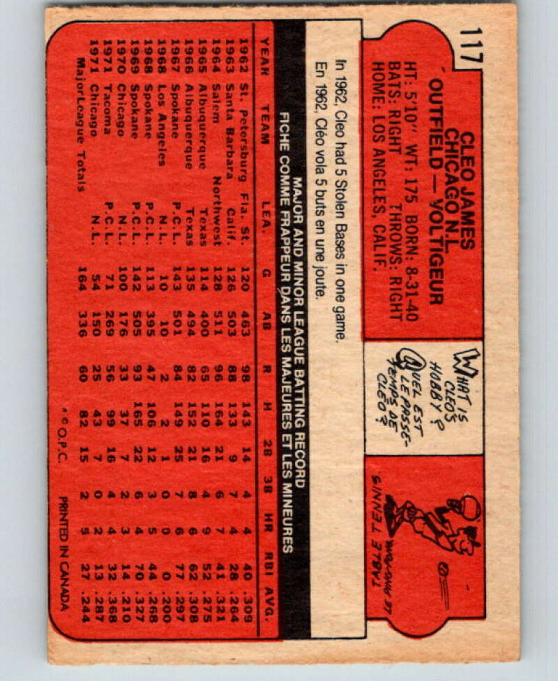 1972 O-Pee-Chee Baseball #117 Cleo James  Chicago Cubs  V66180 Image 2