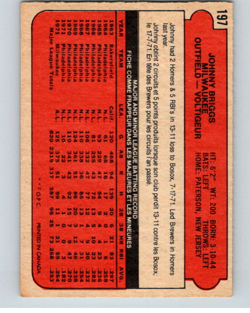 1972 O-Pee-Chee Baseball #197 Johnny Briggs  Milwaukee Brewers  V66285 Image 2
