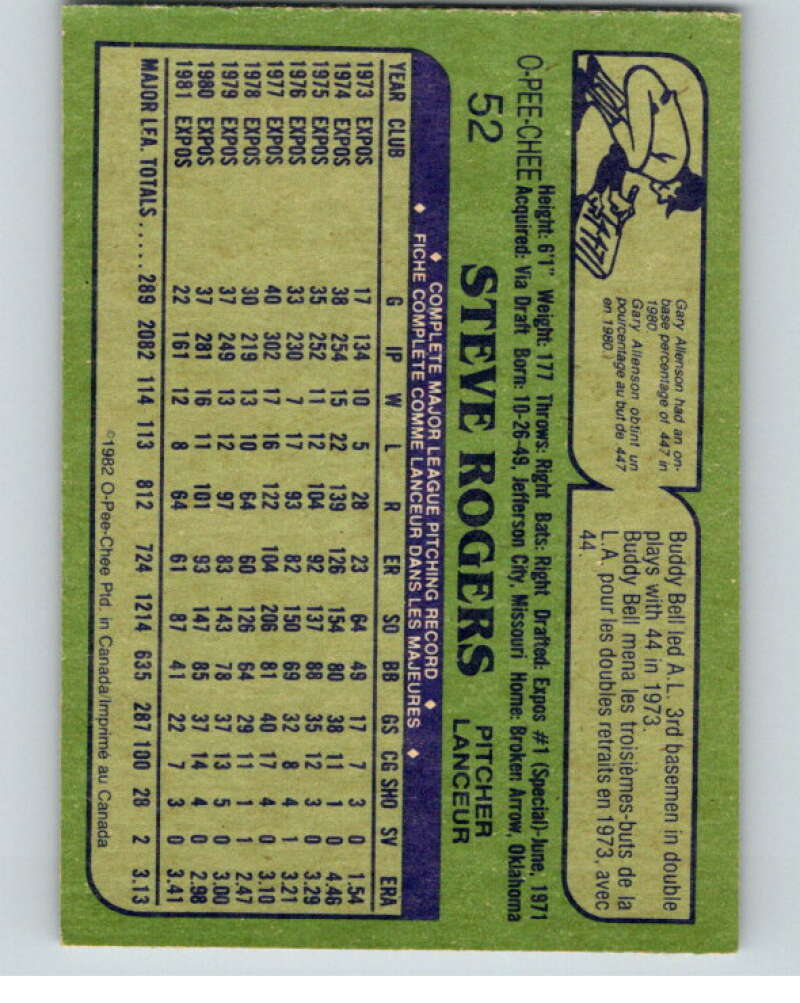 1982 O-Pee-Chee Baseball #52 Steve Rogers  Montreal Expos  V66399 Image 2