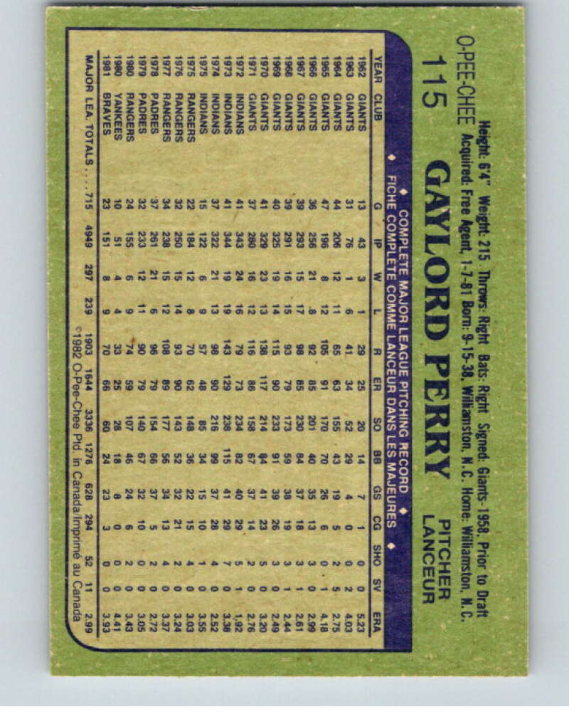 1982 O-Pee-Chee Baseball #115 Gaylord Perry  Atlanta Braves  V66402 Image 2