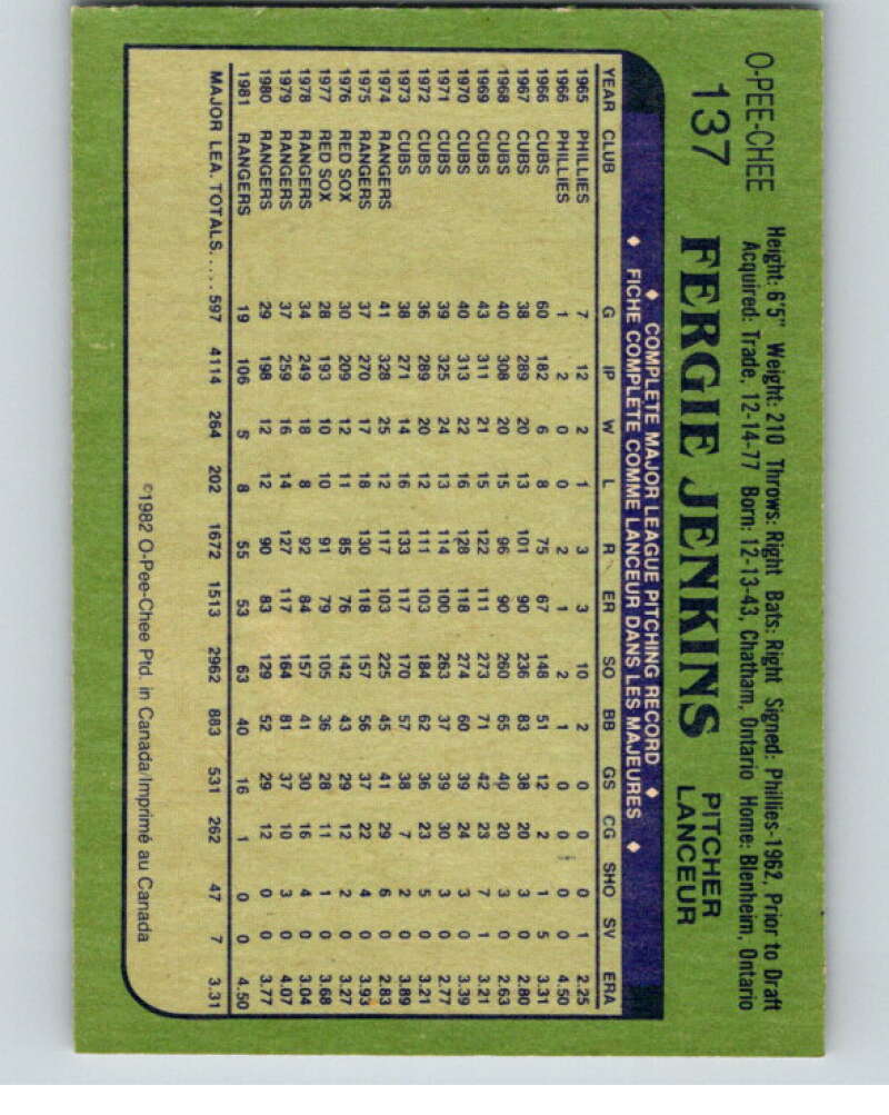 1982 O-Pee-Chee Baseball #137 Fergie Jenkins   V66404 Image 2