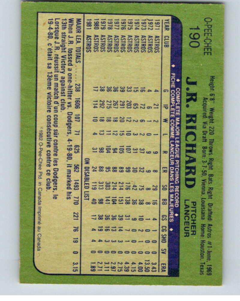 1982 O-Pee-Chee Baseball #190 J.R. Richard  Houston Astros  V66415 Image 2