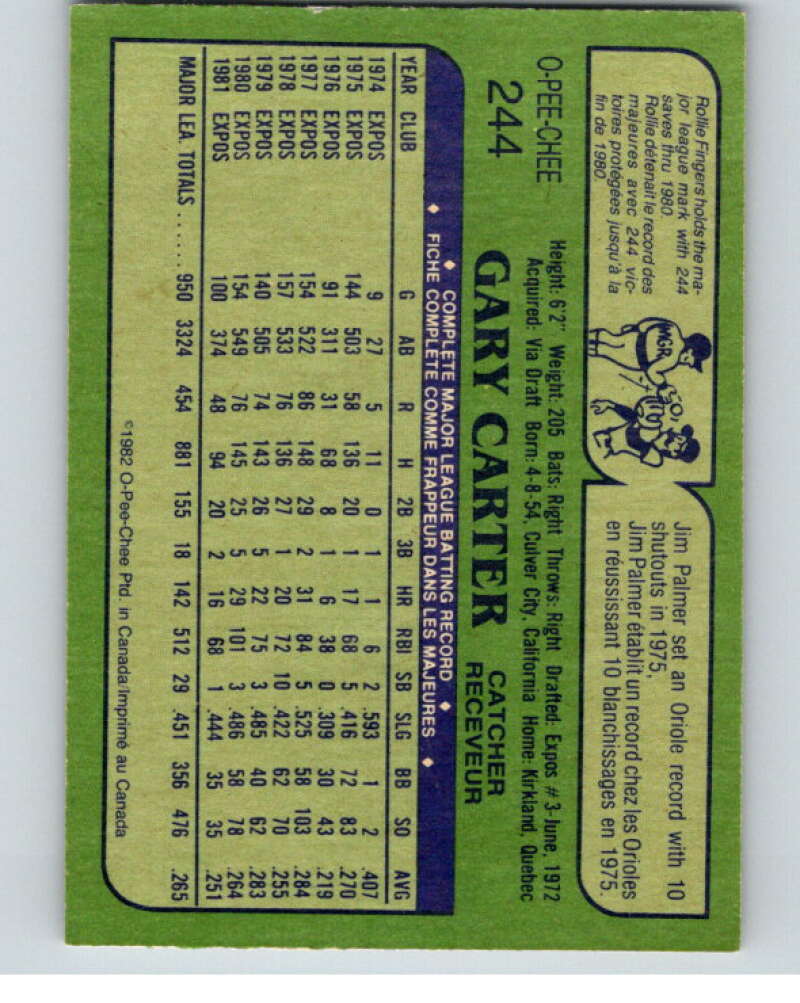 1982 O-Pee-Chee Baseball #244 Gary Carter  Montreal Expos  V66423 Image 2
