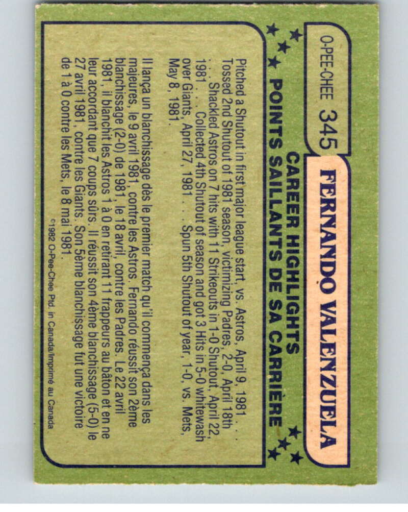 1982 O-Pee-Chee Baseball #345 Fernando Valenzuela AS   V66438 Image 2