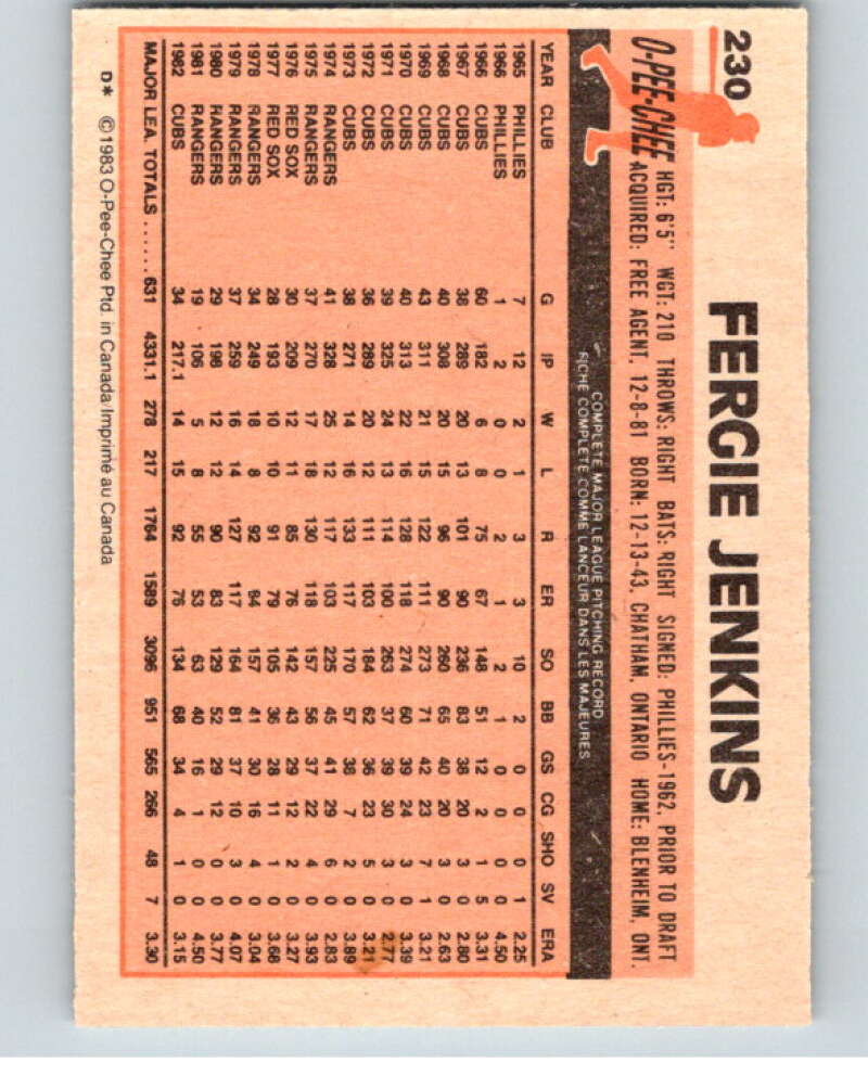 1983 O-Pee-Chee Baseball #230 Fergie Jenkins  Chicago Cubs  V66490 Image 2