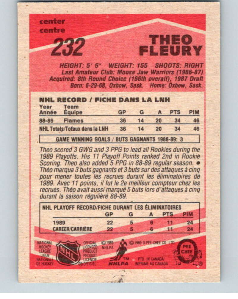 1989-90 O-Pee-Chee #232 Theo Fleury  RC Rookie Calgary Flames  V66554 Image 2