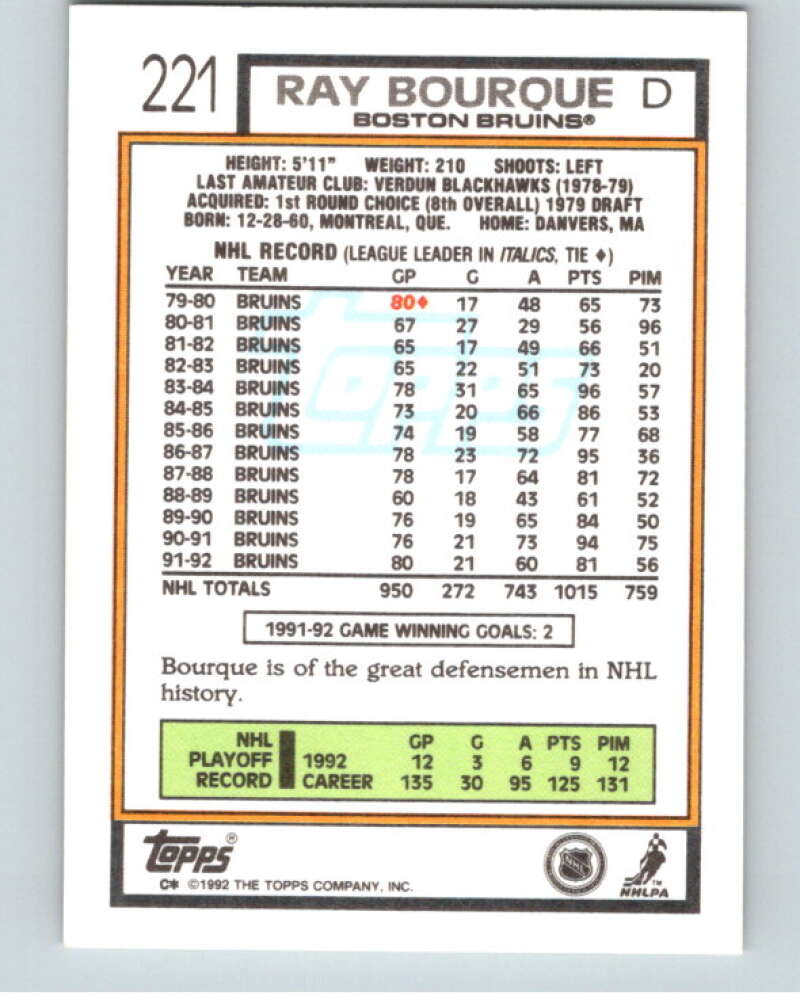 1992-93 Topps #221 Ray Bourque  Boston Bruins  V66594 Image 2