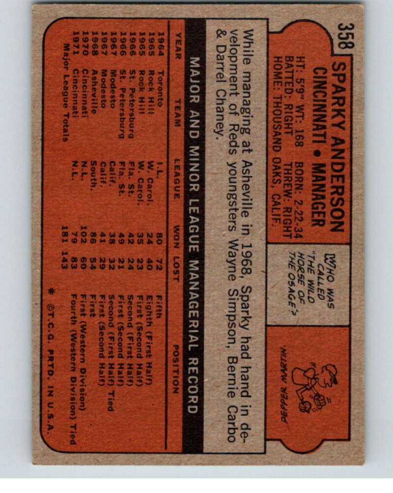 1972 Topps #358 Sparky Anderson MG  Cincinnati Reds  V66720 Image 2