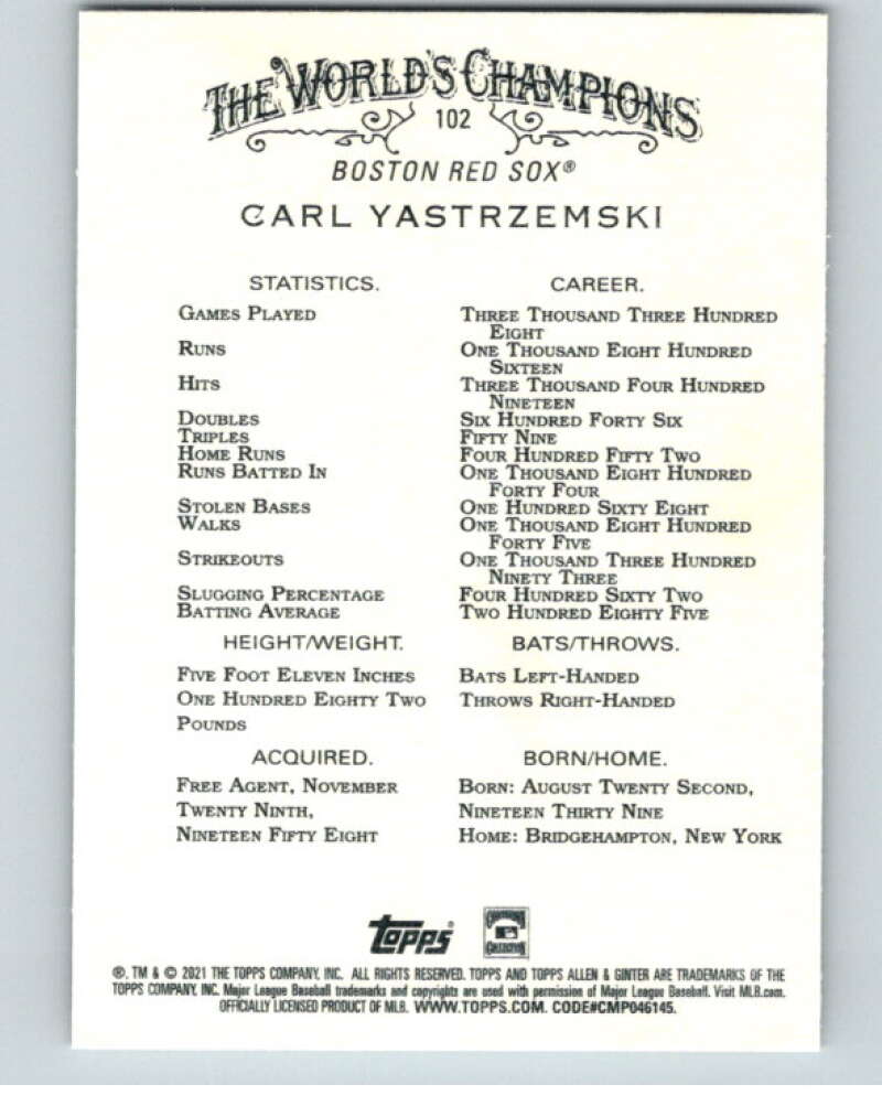 2021 Allen and Ginter #102 Carl Yastrzemski  Boston Red Sox  V66925 Image 2
