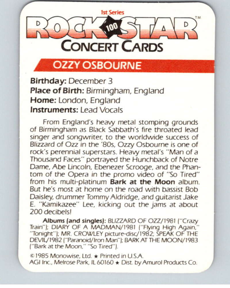 1985 Rock Star Concert #100 Ozzy Osbourne  V68189 Image 2