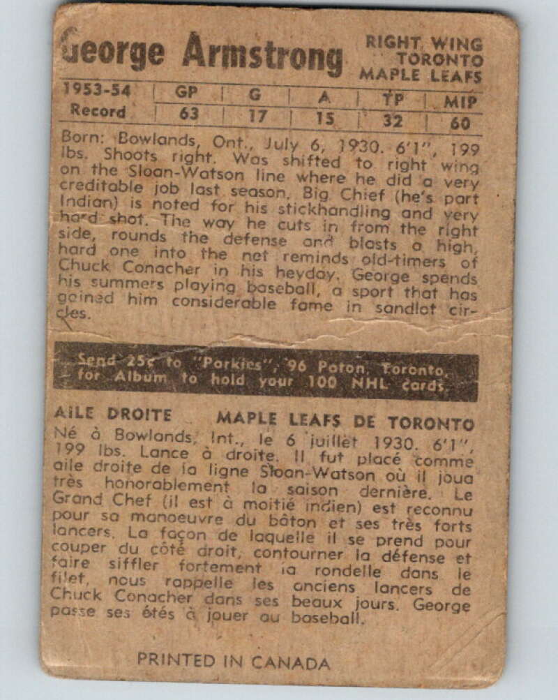 1954-55 Parkhurst #24 George Armstrong  Toronto Maple Leafs  V68829 Image 2