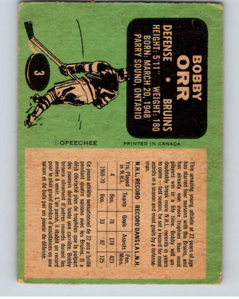 1970-71 O-Pee-Chee #3 Bobby Orr  Boston Bruins  V68830 Image 2