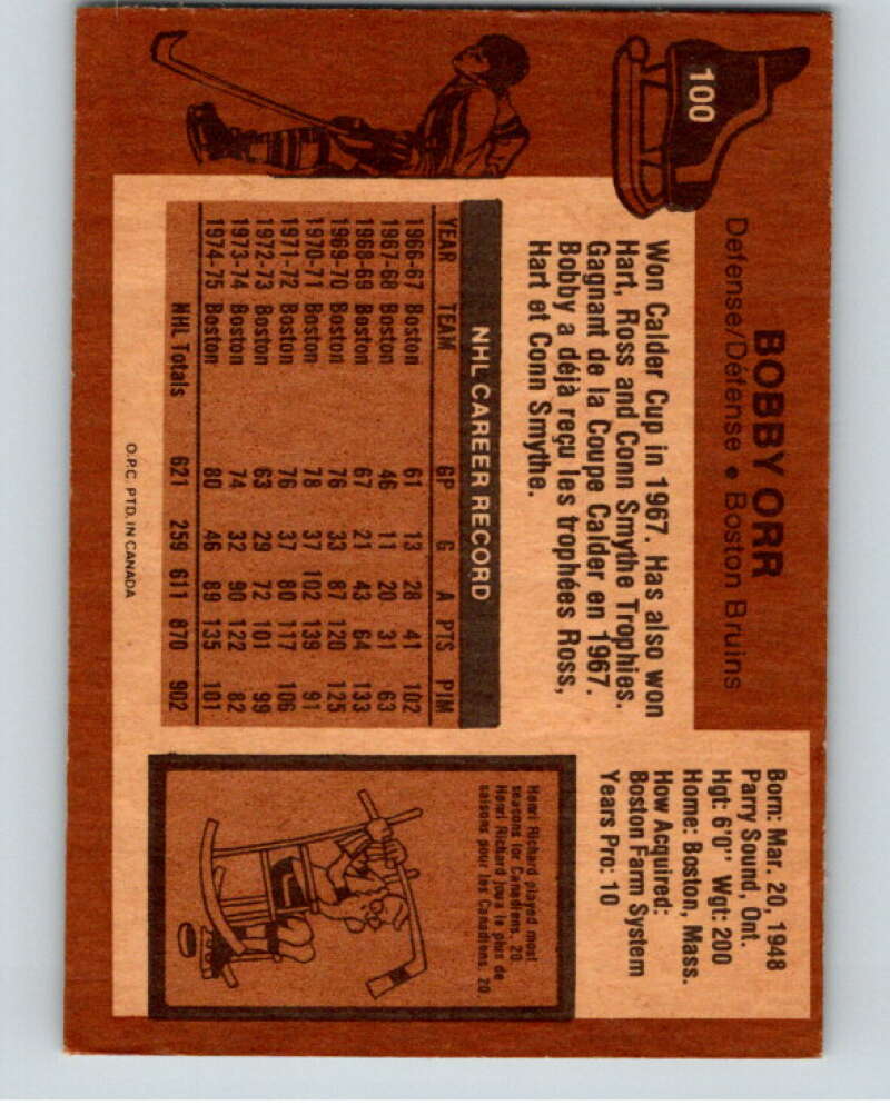 1975-76 O-Pee-Chee #100 Bobby Orr  Boston Bruins  V68835 Image 2
