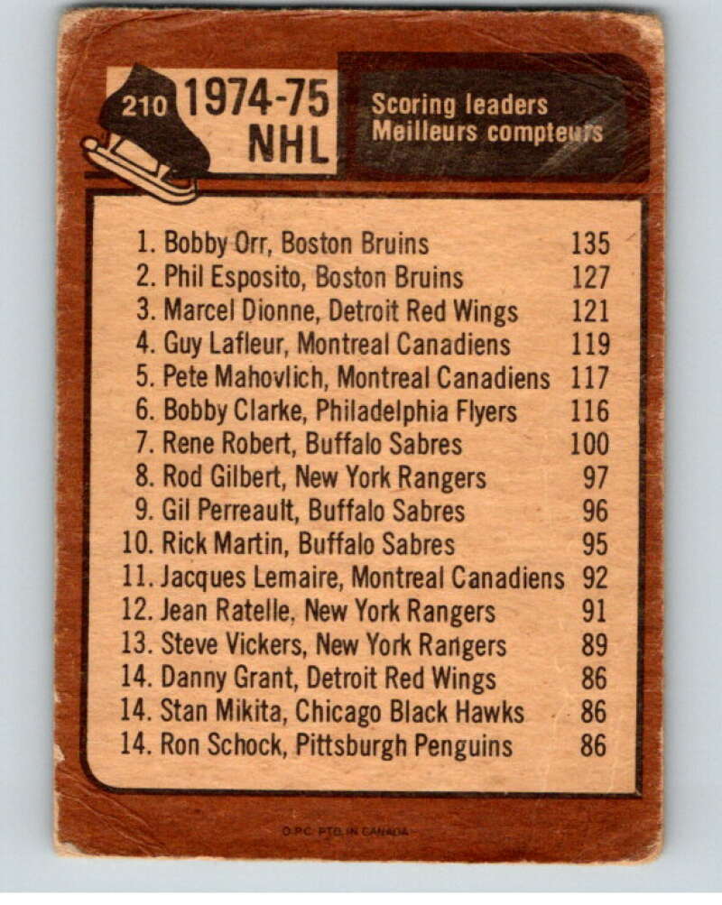 1975-76 O-Pee-Chee #314 Esposito/Orr TL Boston Bruins  V68841 Image 2