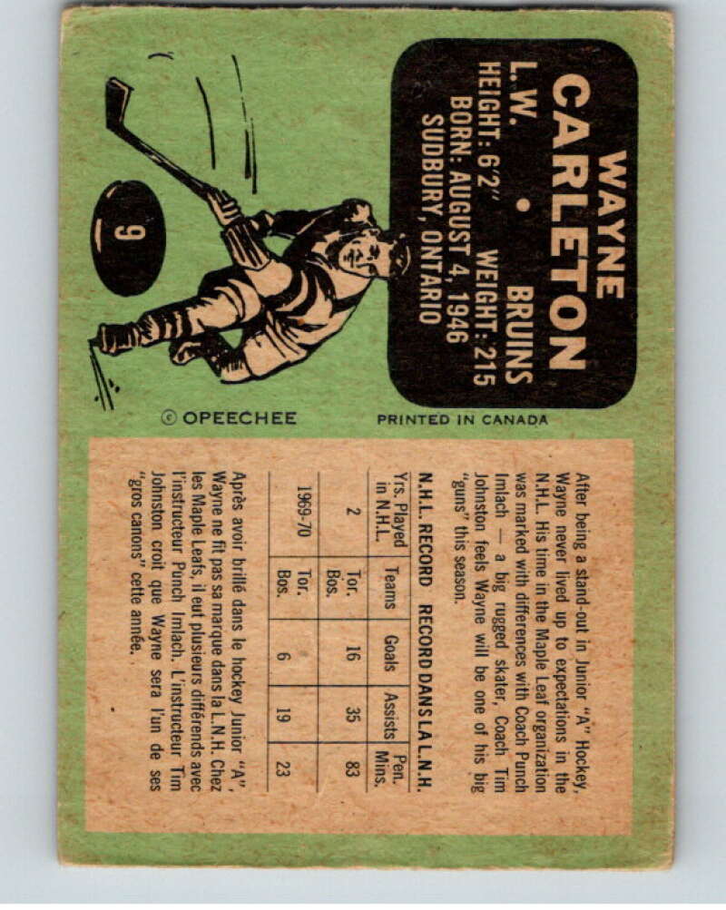 1970-71 O-Pee-Chee #9 Wayne Carleton  Boston Bruins  V68855 Image 2