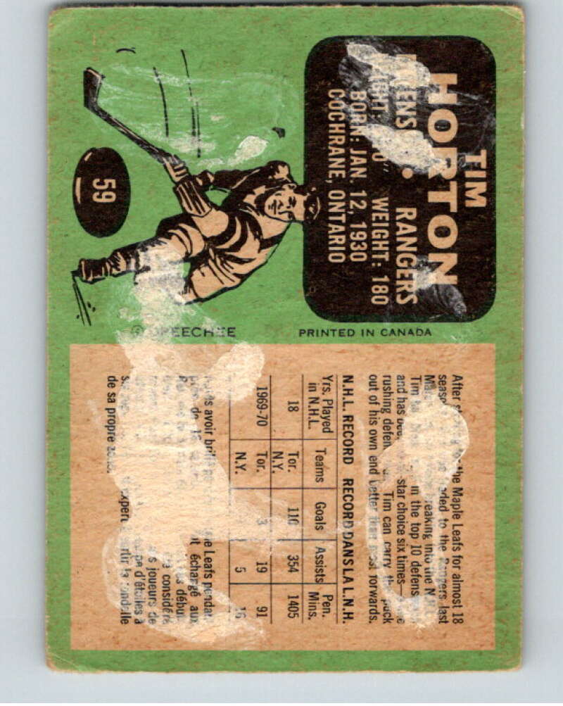 1970-71 O-Pee-Chee #59 Tim Horton  New York Rangers  V68874 Image 2