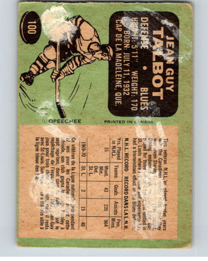 1970-71 O-Pee-Chee #100 Jean-Guy Talbot  St. Louis Blues  V68892 Image 2