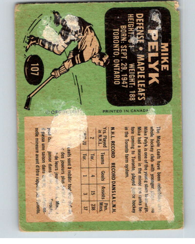 1970-71 O-Pee-Chee #107 Mike Pelyk  RC Rookie Toronto Maple Leafs  V68897 Image 2