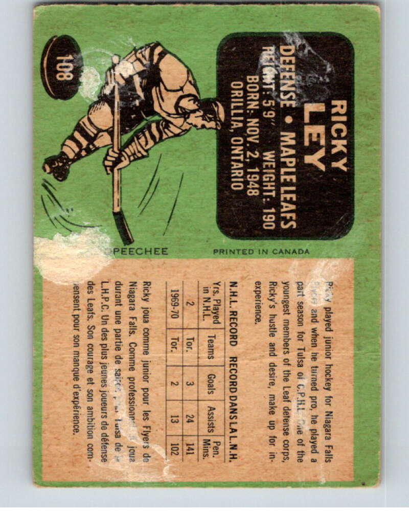 1970-71 O-Pee-Chee #108 Rick Ley  Toronto Maple Leafs  V68898 Image 2