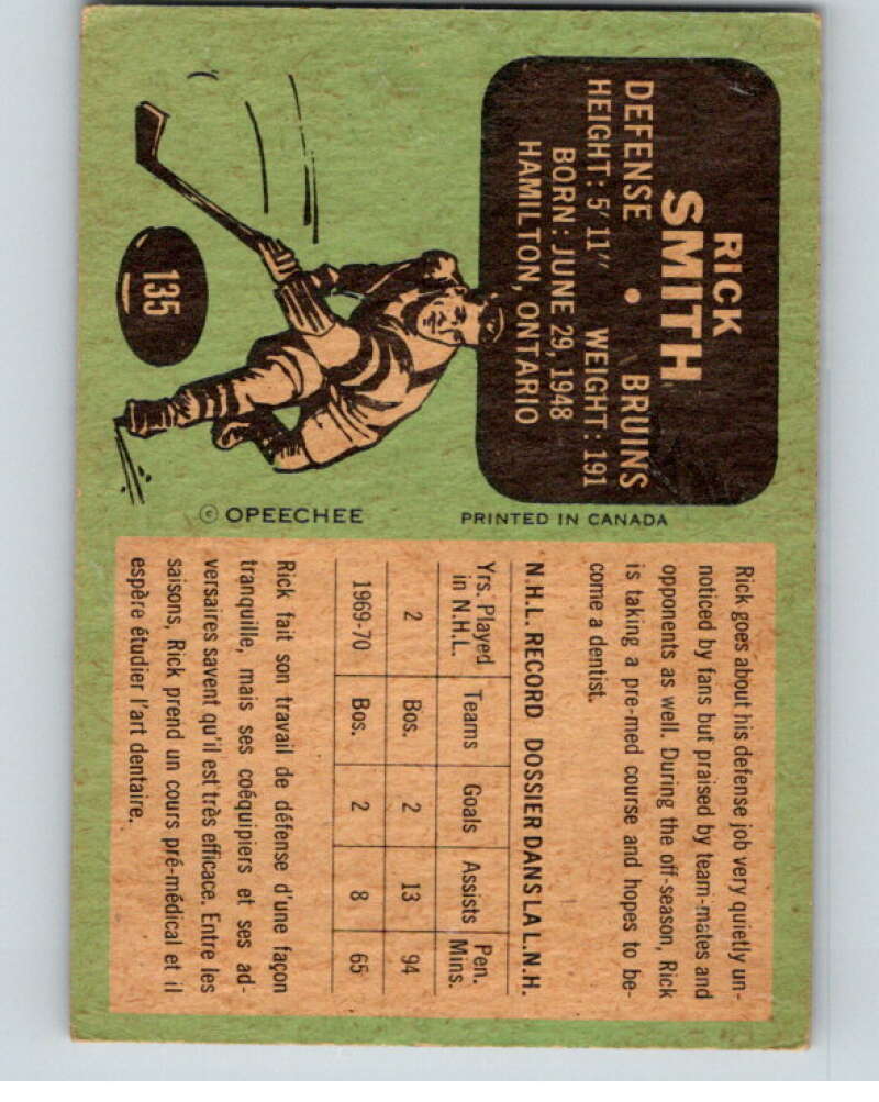1970-71 O-Pee-Chee #135 Rick Smith  RC Rookie Boston Bruins  V68905 Image 2