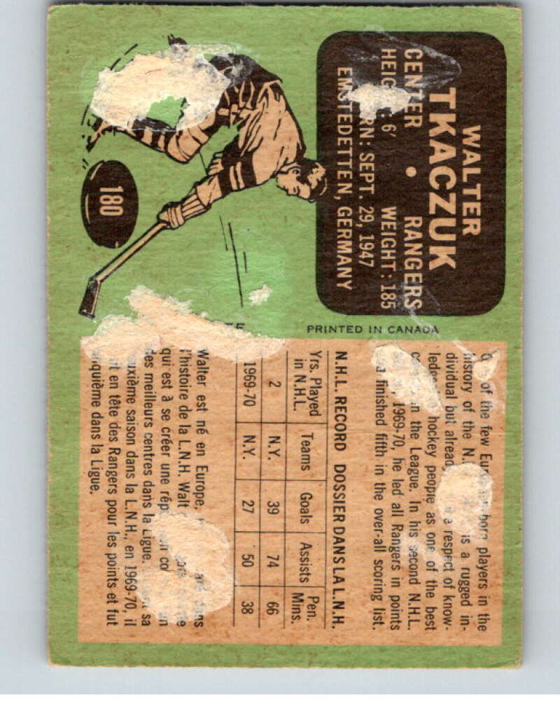 1970-71 O-Pee-Chee #180 Walt Tkaczuk  New York Rangers  V68934 Image 2