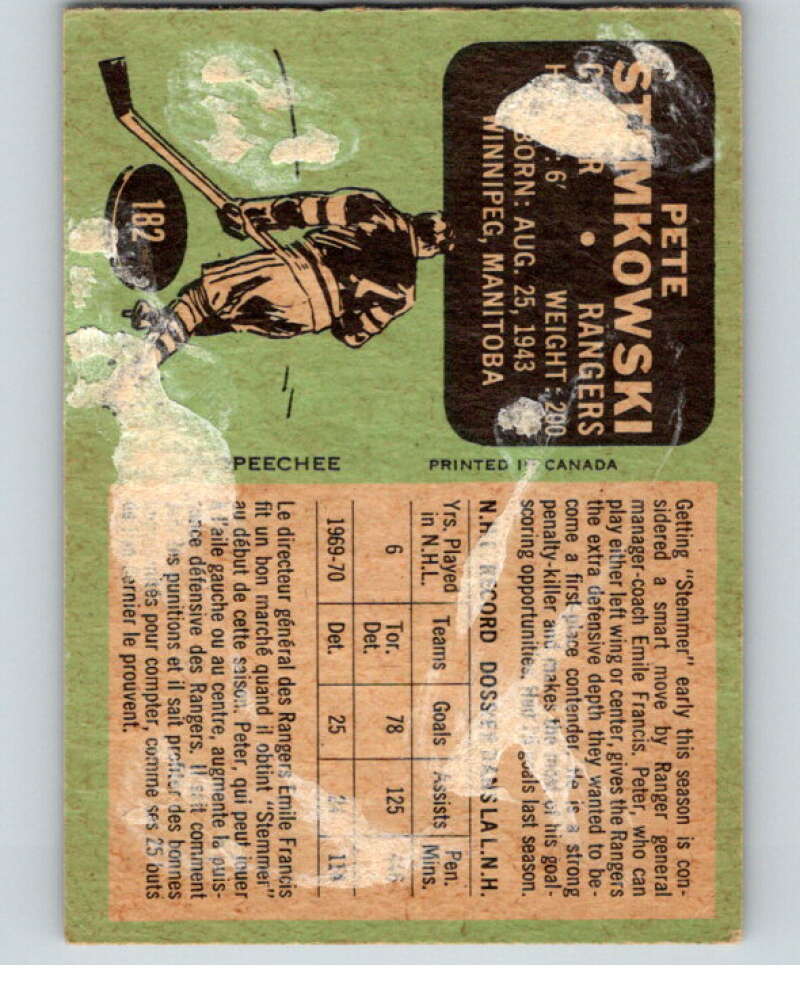 1970-71 O-Pee-Chee #182 Pete Stemkowski  New York Rangers  V68936 Image 2