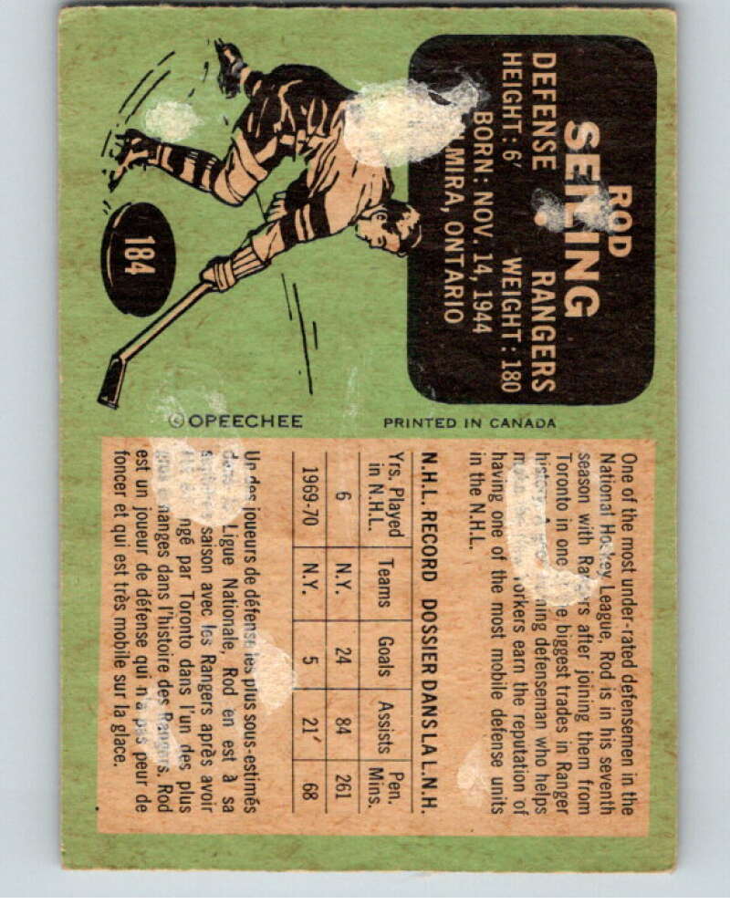 1970-71 O-Pee-Chee #184 Rod Seiling  New York Rangers  V68938 Image 2