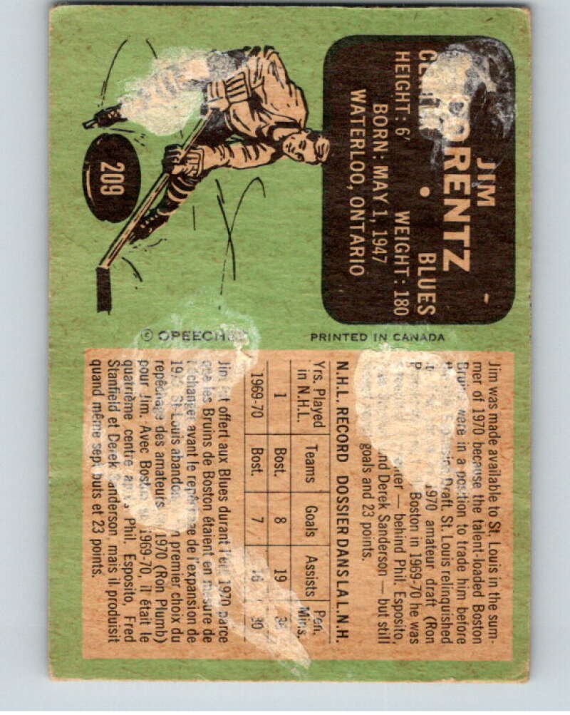 1970-71 O-Pee-Chee #209 Jim Lorentz  RC Rookie St. Louis Blues  V68942 Image 2