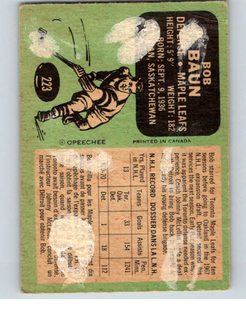 1970-71 O-Pee-Chee #223 Bob Baun  Toronto Maple Leafs  V68951 Image 2