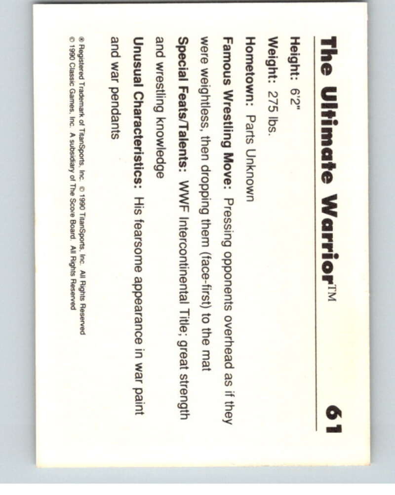 1990 Classic WWF #61 The Ultimate Warrior    V69660 Image 2
