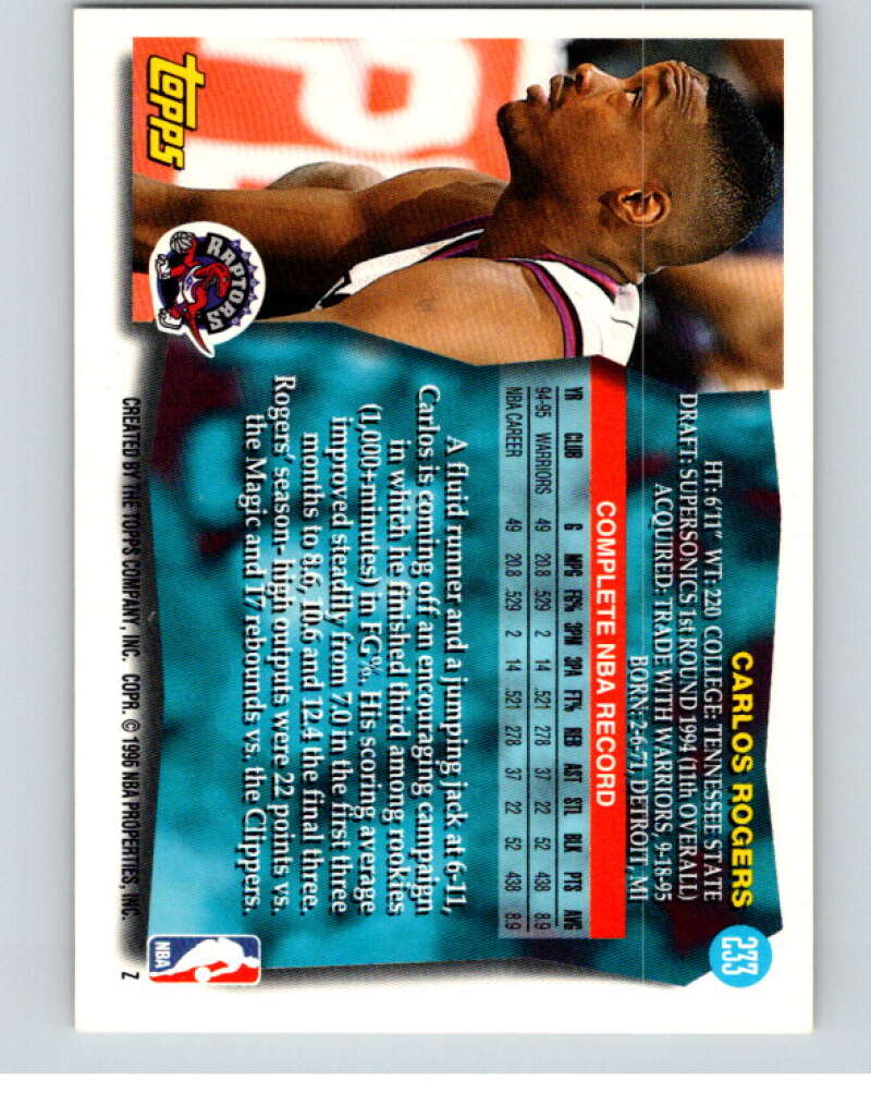 1995-96 Topps NBA #233 Carlos Rogers  Toronto Raptors  V70419 Image 2