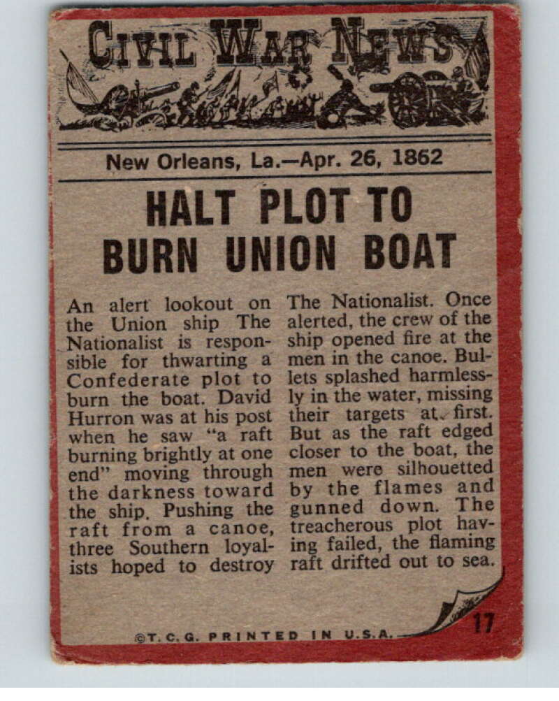 1962 Topps Civil War News #17 The Flaming Raft  V74131 Image 2