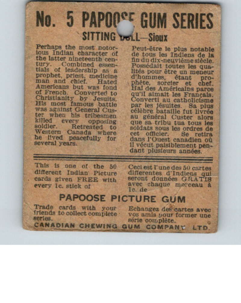 1934 Papoose Gum Series V254 #5 Sitting Bull  V74252 Image 2