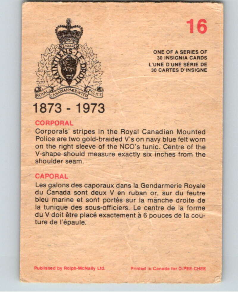 1973  Canadian Mounted Police Centennial Emblem #16 Corporal  V74268 Image 2