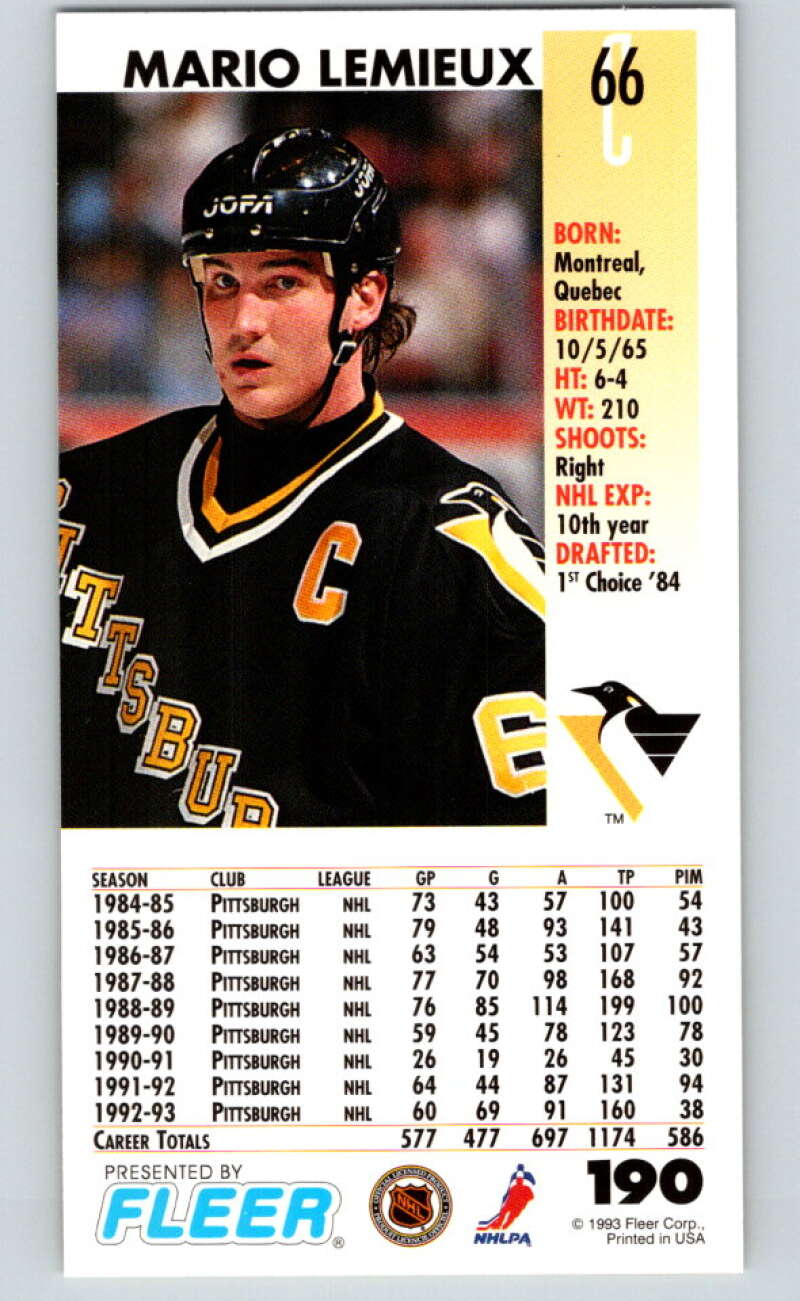1993-94 PowerPlay #190 Mario Lemieux  Pittsburgh Penguins  V77774 Image 2