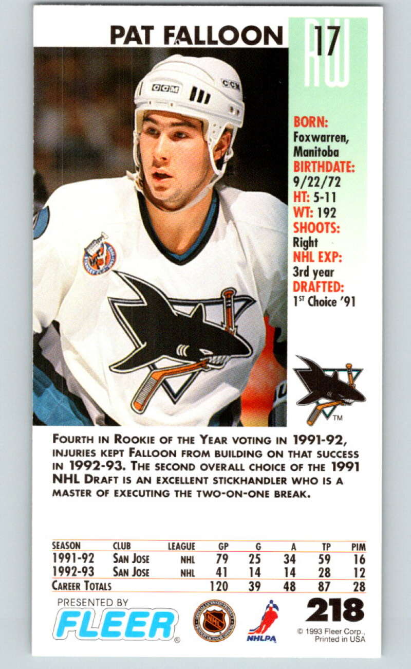 1993-94 PowerPlay #218 Pat Falloon  San Jose Sharks  V77837 Image 2
