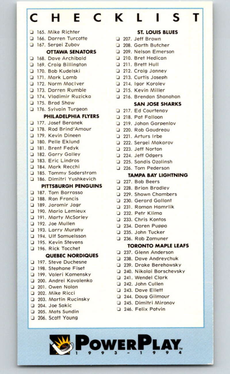 1993-94 PowerPlay #280 Checklist   V77970 Image 1
