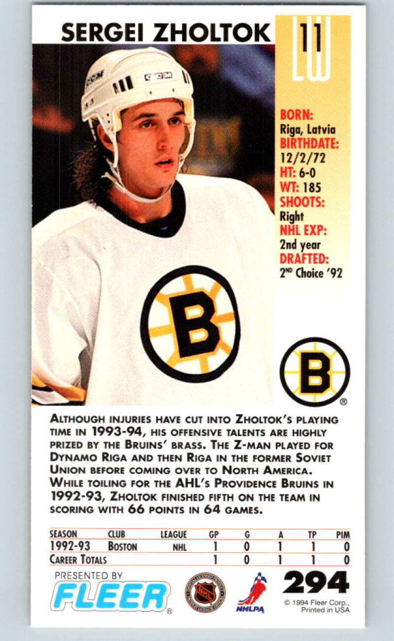 1993-94 PowerPlay #294 Sergei Zholtok  Boston Bruins  V77987 Image 2