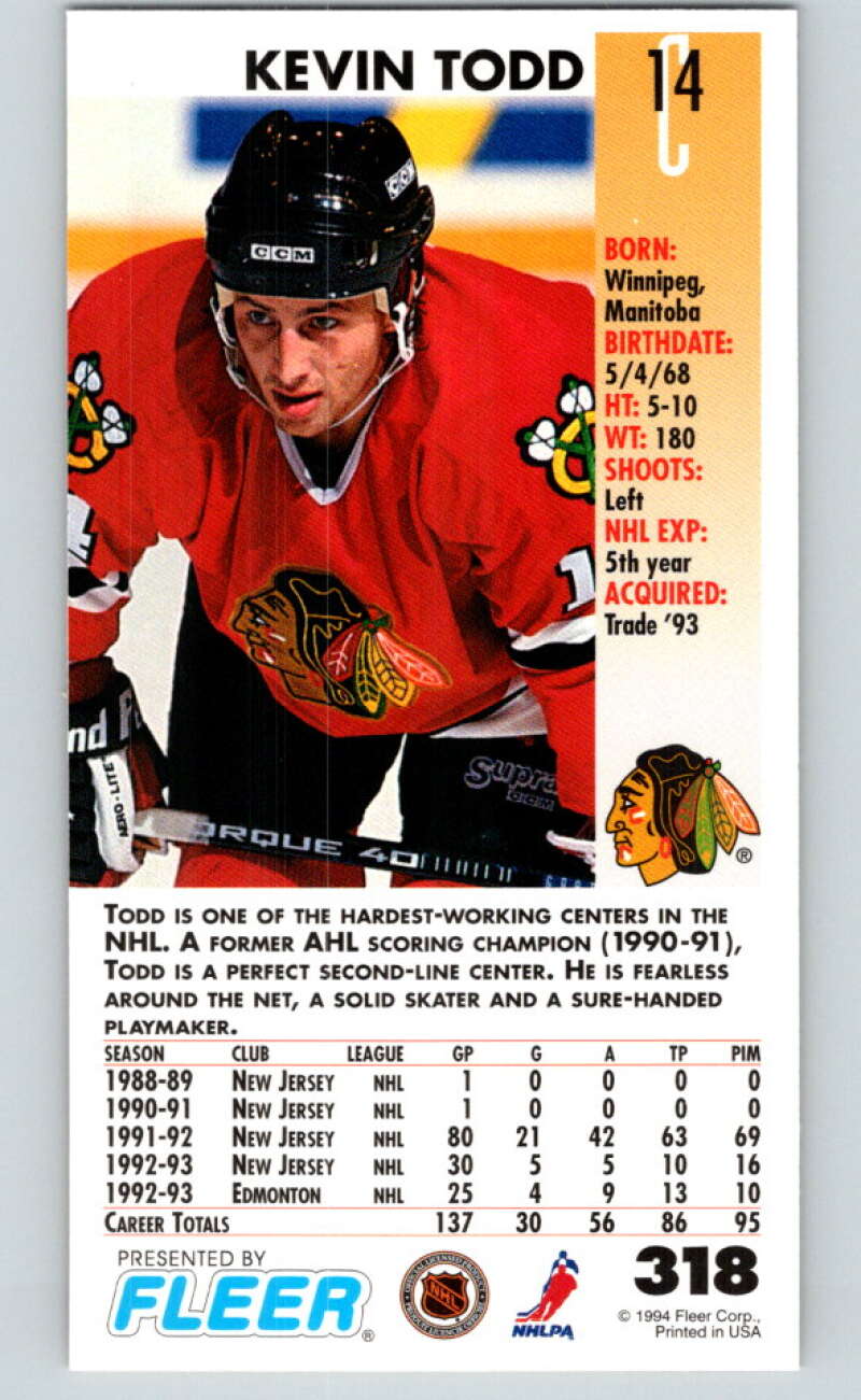 1993-94 PowerPlay #318 Kevin Todd  Chicago Blackhawks  V78013 Image 2