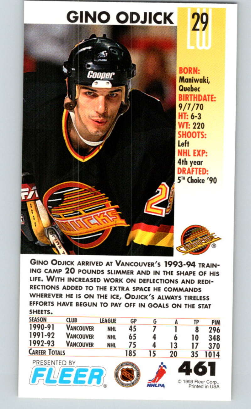 1993-94 PowerPlay #461 Gino Odjick  Vancouver Canucks  V78159 Image 2