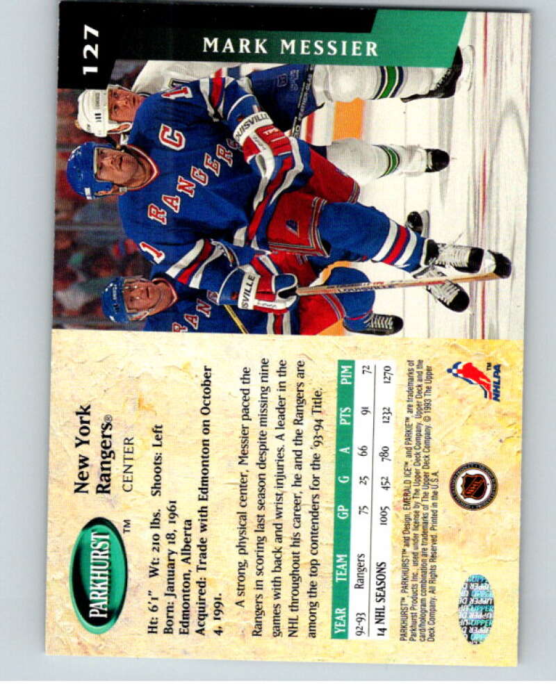 1993-94 Parkhurst Emerald Ice #127 Mark Messier  New York Rangers  V78767 Image 2