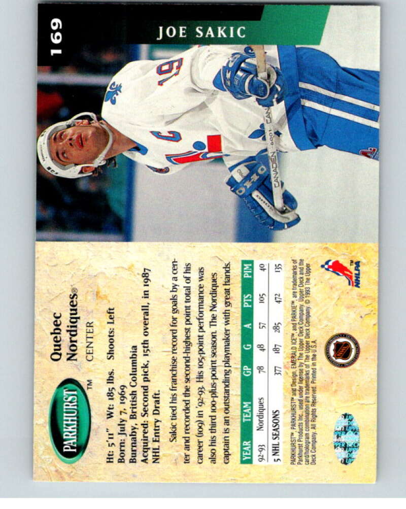 1993-94 Parkhurst Emerald Ice #169 Joe Sakic  Quebec Nordiques  V78771 Image 2